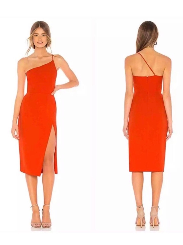 Lovers + Friends Red Asymmetrical One-Shoulder Slit Midi Dress